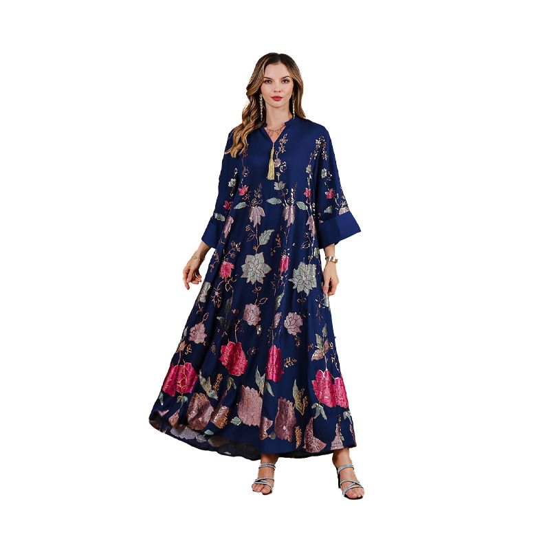 OME Embroidered Muslim Summer Long Dress Abaya Women's Big Robe_voghion.com