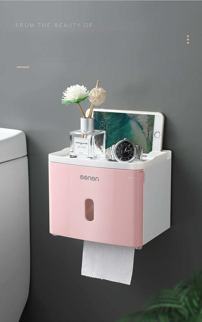 Bathroom Wall-Mounted Waterproof No-Drill Tissue Box Toilet Paper Roll Holder Storage Rack_voghion.com