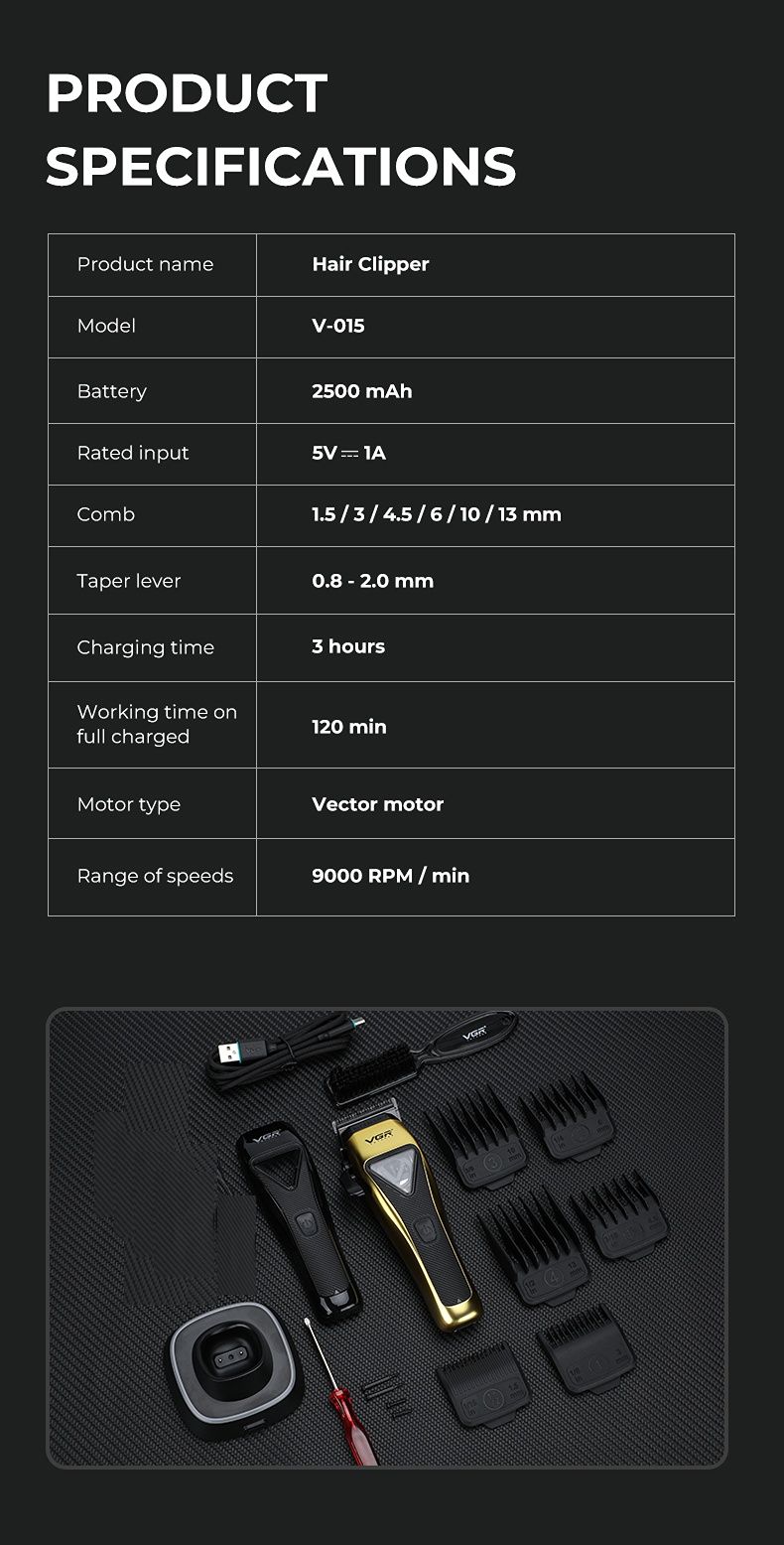VGR Professional Cutting hine Electric Hair Trimmer Vector Motor Barber Cordless Clipper for Men V-015_voghion.com