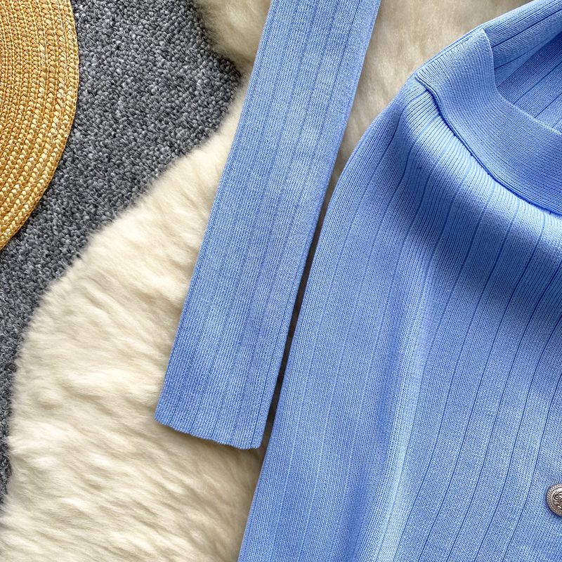 Vêtements pour femmes Robe tricotée rétro à revers simple boutonnage longueur taille minceur pull intérieur jupe mi-longue_voghion.com