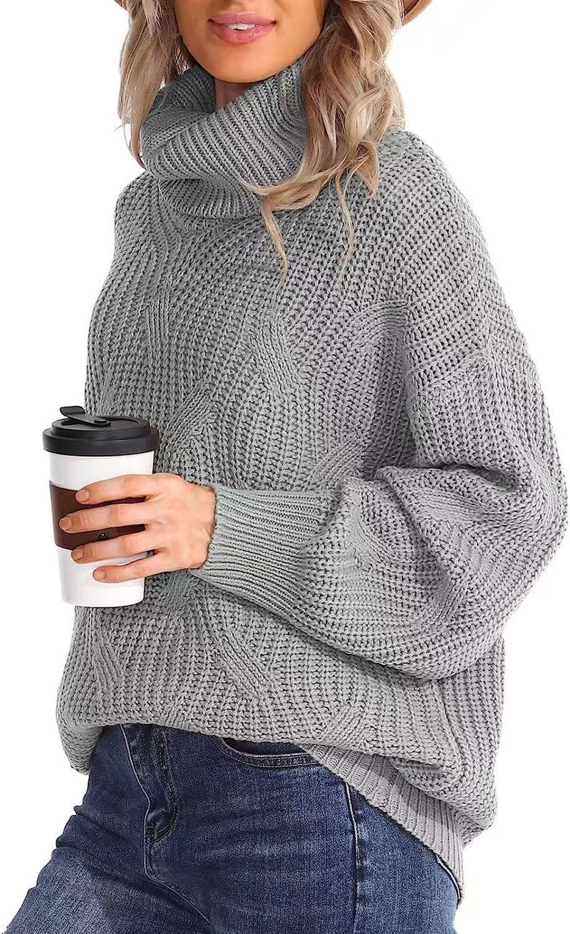 Women's Oversized High-Neck Cable Knit Sweater - Elegant Batwing Sleeve Pullover For Autumn & Winter, Soft & Breathable In 10 Versatile Colors_voghion.com