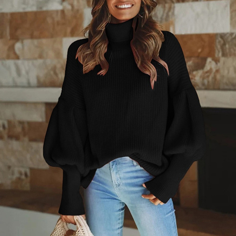 Ropa de mujer Suéter de punto de manga larga con cuello alto y color liso para mujer Ropa de mujer_voghion.com