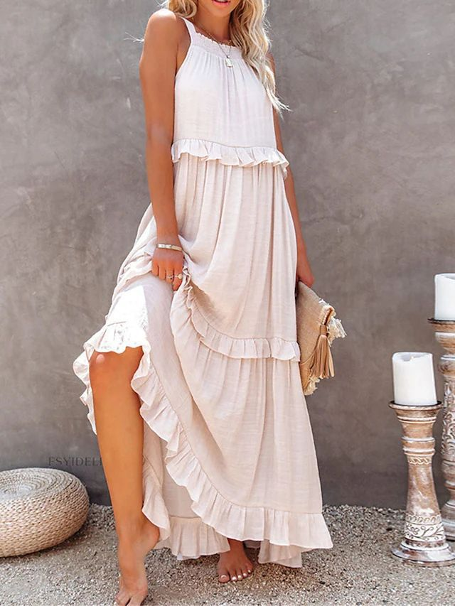 Vestidos largos con volantes estilo festivo para mujer Vestidos de playa fluidos con gran oscilación_voghion.com