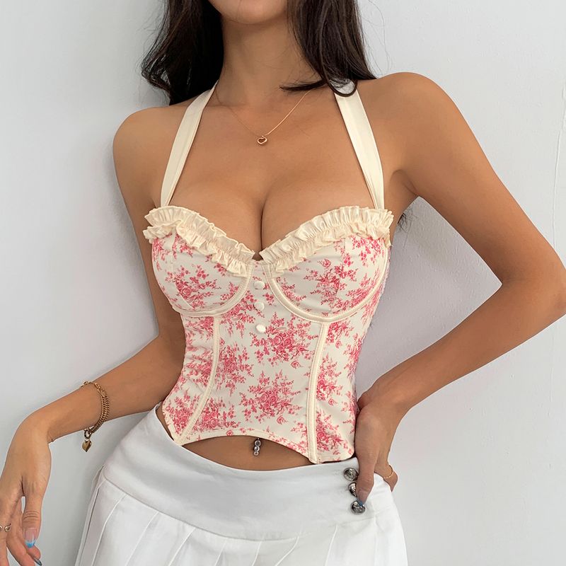 Top con corsetto e stampa floreale da donna, senza schienale, con lacci, ferretto, bustier, canotta Y2K, per appuntamenti serali, club e feste_voghion.com