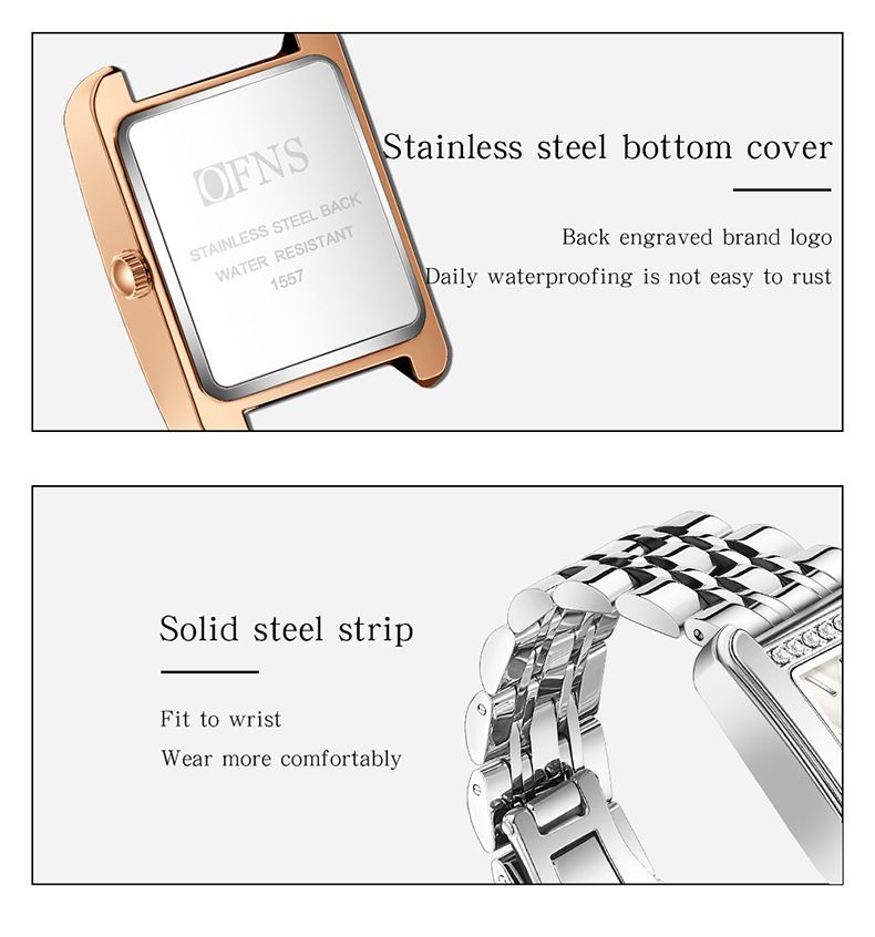 Elegante orologio quadrato da donna: numeri romani e dettagli in cristallo, cinturino in acciaio inossidabile, datario, orologio resistente all'acqua_voghion.com