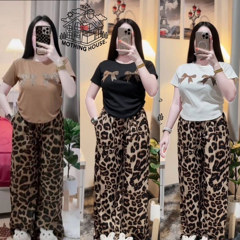 Completo casual da donna in due pezzi con stampa leopardata, manica corta, pantaloni larghi e taglie forti_voghion.com