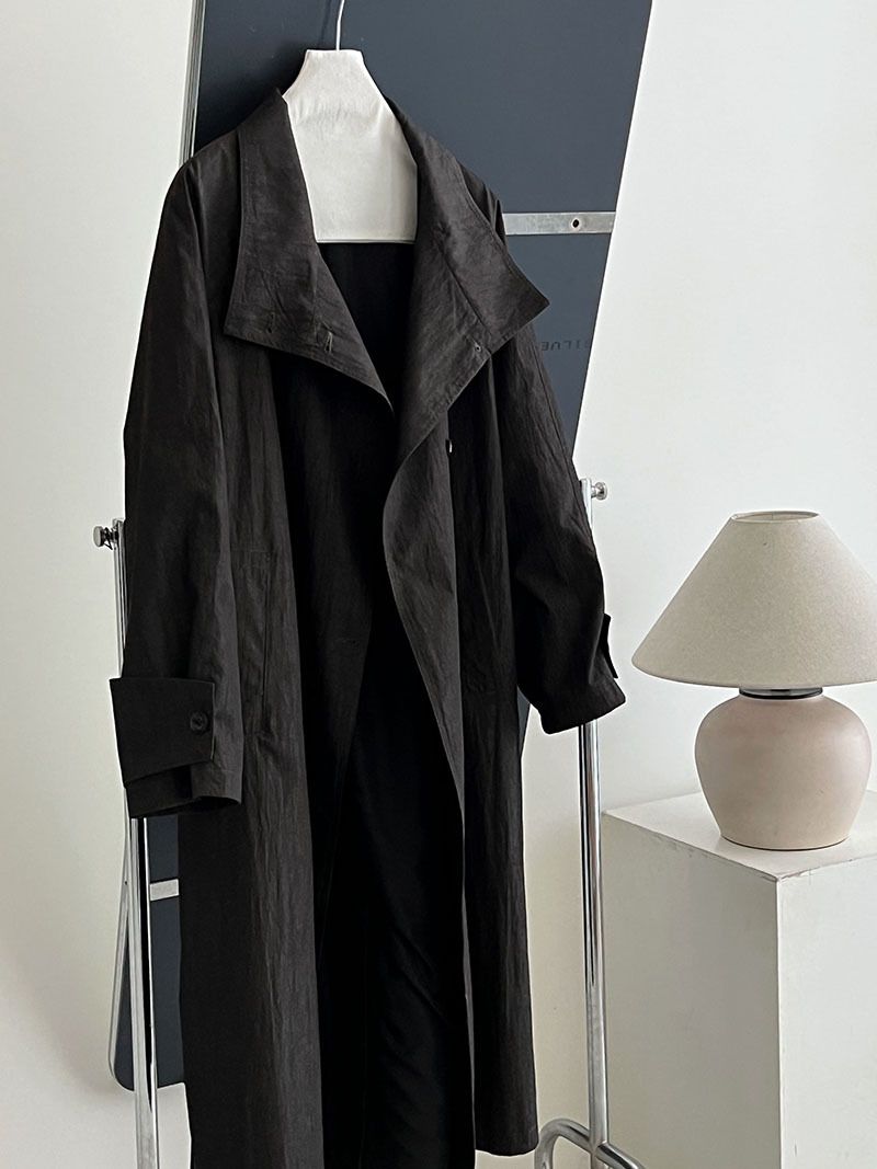 Minimalist British Style Trench Coat For Women, Long Sleeve Belted Duster Coat, Oversized Lapel Casual Overcoat In Beige & Denim Black_voghion.com