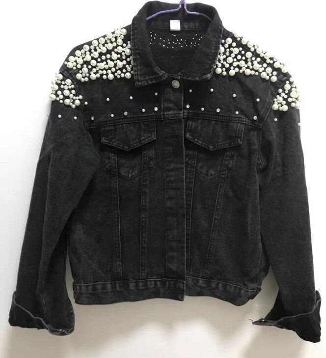 Jaqueta jeans feminina com detalhes em strass, caimento oversized, mistura de algodão, moda urbana, casaco curto casual para outono e inverno_voghion.com