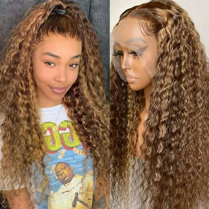 Peluca de cabello humano con ondas profundas y color marrón resaltado, peluca frontal de encaje, pelucas Remy de color rubio miel prearrancadas para mujeres_voghion.com