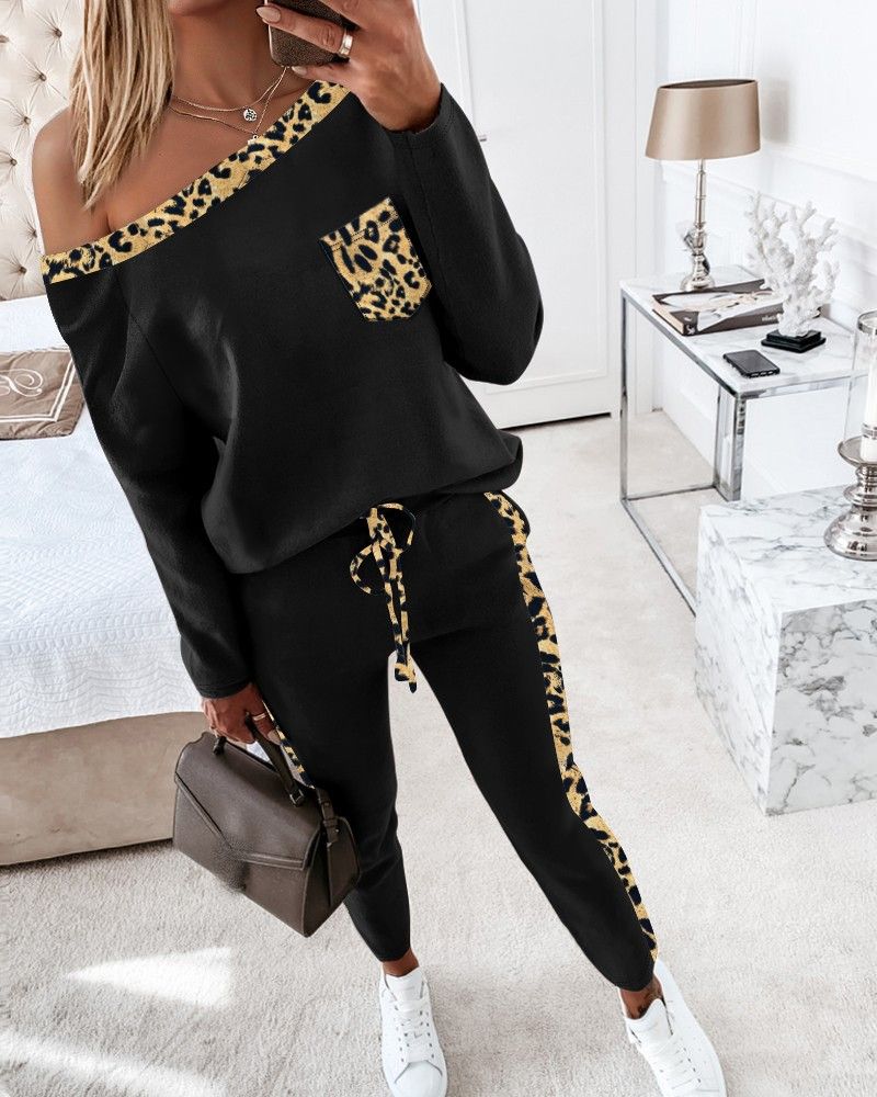 Ensemble deux pièces pour femme, col oblique, manches longues, imprimé, pantalon à lacets_voghion.com