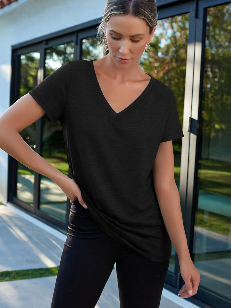 T-shirt à manches courtes et col en V pour femme_voghion.com