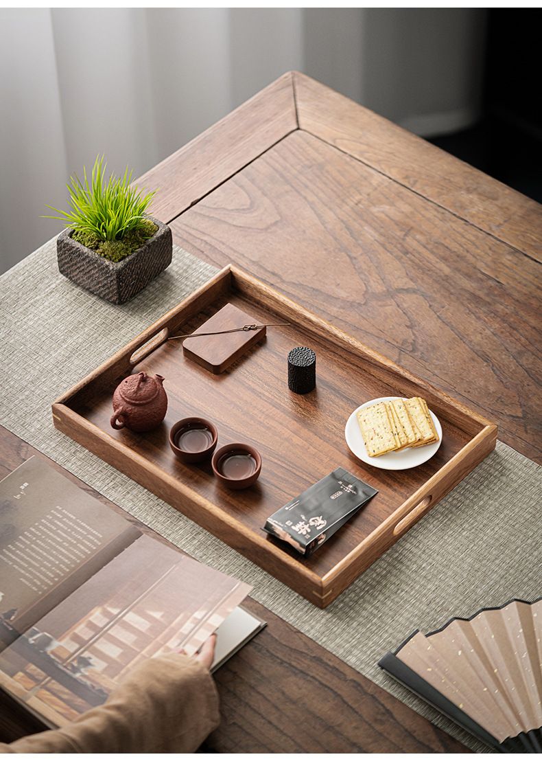 Ensemble de plateaux de service à thé en bois de noyer – Élégant ensemble de style chinois multi-tailles et formes pour la cérémonie du thé, les desserts et les collations_voghion.com