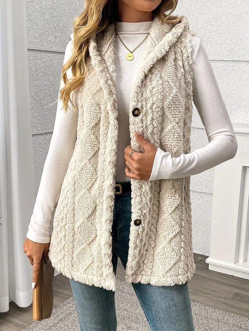 Heißer Verkauf Einfarbig doppelseitige Gefüllte Kapuze Taste Strickjacke Casual Damen Herbst Winter Weste_voghion.com