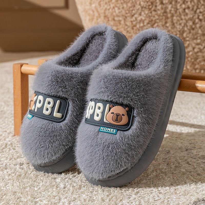 Herbst und Winter für Damen, dicke Sohle für drinnen und draußen, mit Fleece gefüttert, warm, süßer Bärenpaar-Stil, flauschige Baumwollpantoffeln_voghion.com
