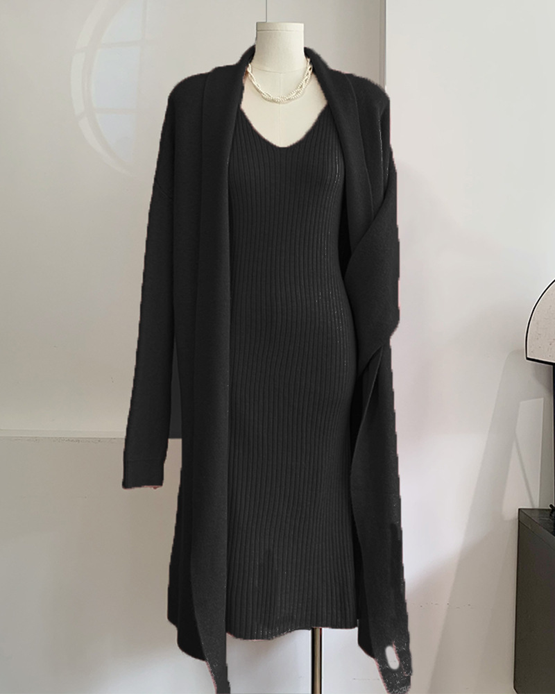 Damenbekleidung, gestrickter Anzug, elegantes Weste-Kleid für Damen + lange Strickjacke, heiß_voghion.com