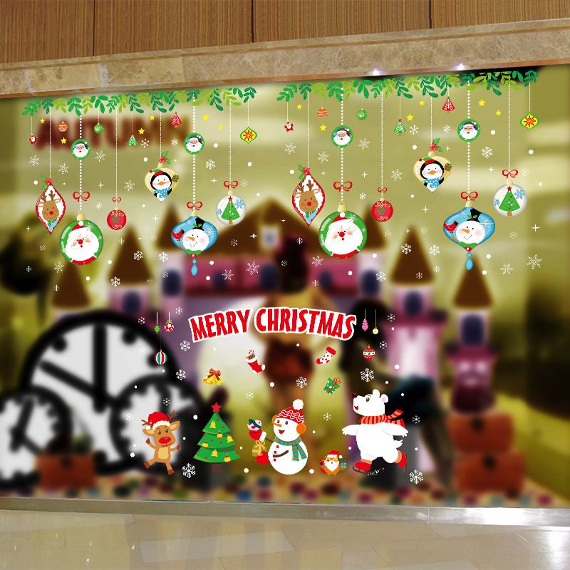 Set de vinilos navideños para pared: Papá Noel, copos de nieve y árboles de dibujos animados para decorar escaparates y tiendas (45 x 60 cm, PVC, 9 diseños)_voghion.com