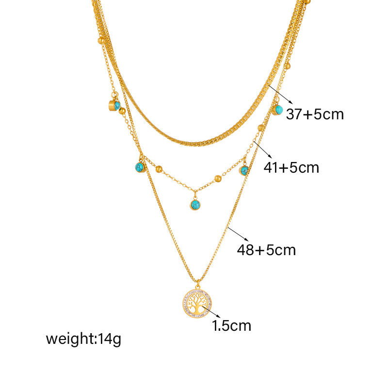 Modische temperament einfache design multi-layered schlüsselbein kette baum des lebens türkis anhänger titanium stahl halskette_voghion.com