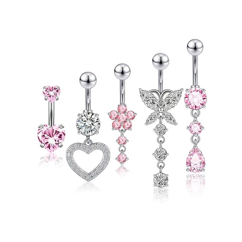 Set di gioielli da piercing all'ombelico in acciaio inossidabile da 5 pezzi in stile europeo e americano con zirconi a forma di cuore_voghion.com