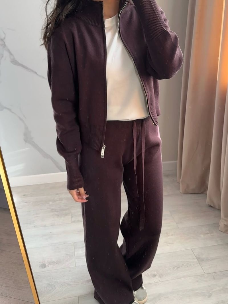 Completo in maglia elegante e raffinato da donna con cardigan e pantaloni con doppia cerniera - Completo in due pezzi tinta unita, morbido e caldo per l'autunno e l'inverno_voghion.com