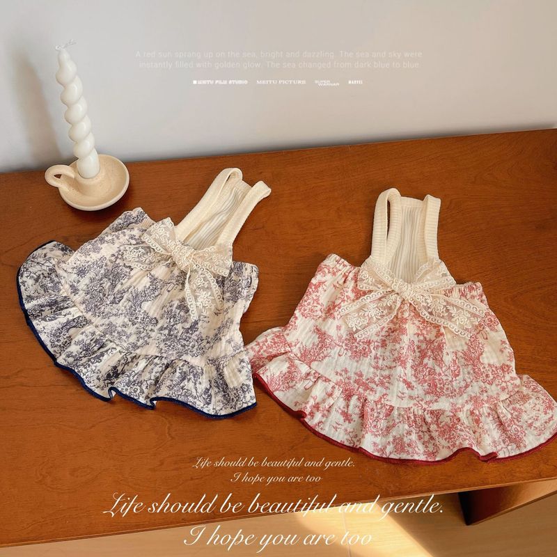 Vêtements pour animaux de compagnie chien chat printemps été français floral nœud papillon Teddy Bichon petit moyen chiens sangle robe_voghion.com