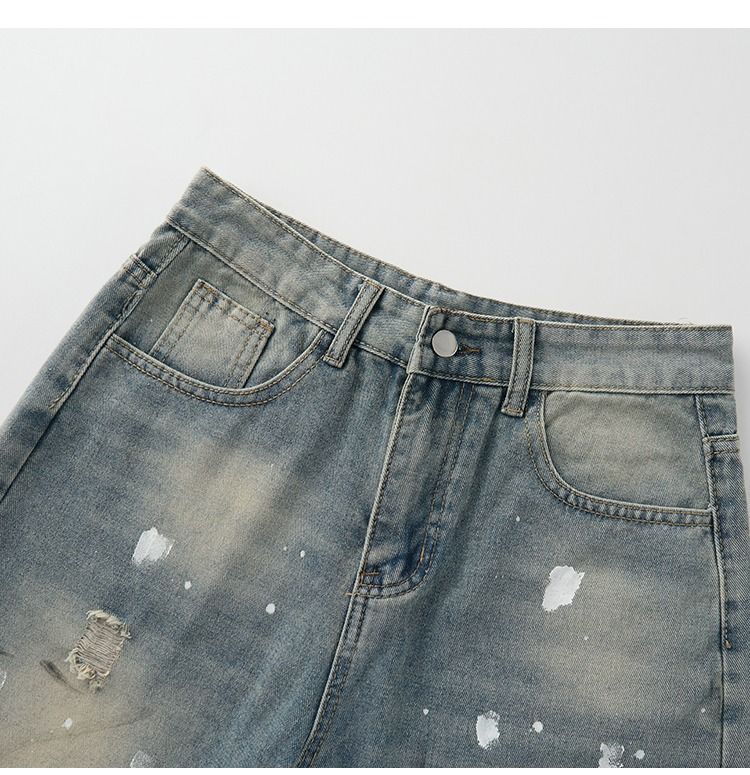 Streetwear Splatter Paint Denim Shorts – Vintage-Inspired Unisex 5-Inch Shorts With Belt Loops & Distressed Details (Hip-Hop Aesthetic)_voghion.com
