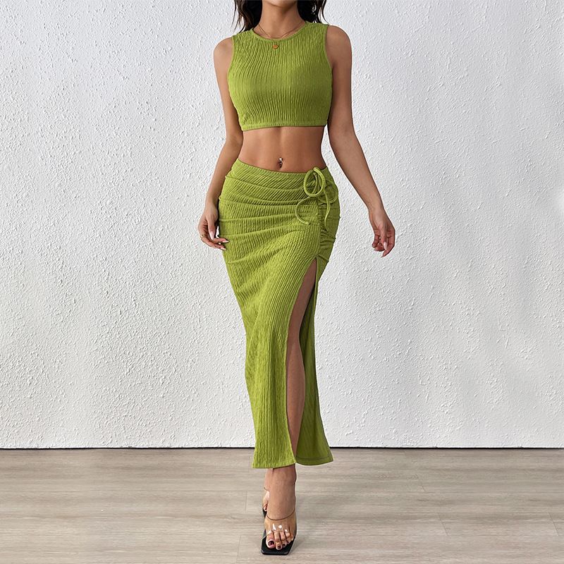2025 Summer New College Style Simple Solid Color Top And Skirt For Women Two-Piece Set_voghion.com