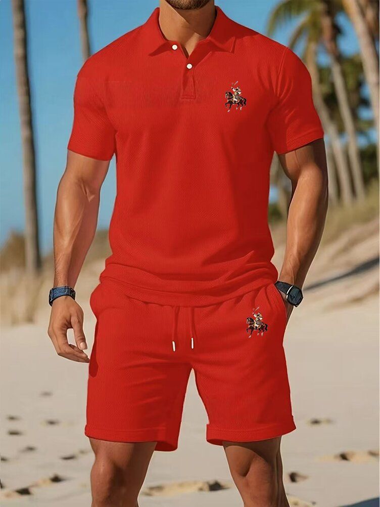 Men's Summer Slim-Fit Polo Shirt & Shorts Set - Breathable Mesh Short Sleeve Embroidered Casual Outfit (White/Navy/Orange/Black/Red/Teal/Army Green_voghion.com