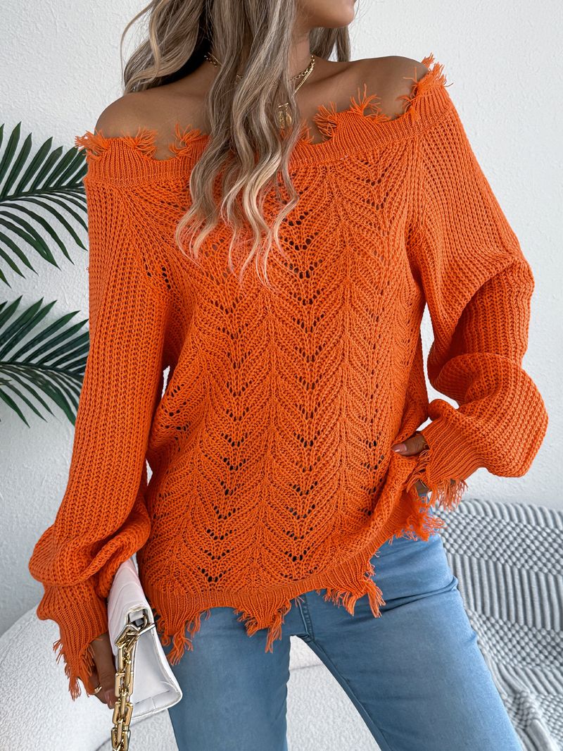 Solid Color Hollow Long-sleeved Cut Off-the-shoulder Pullover Sweater, Women's Clothing_voghion.com