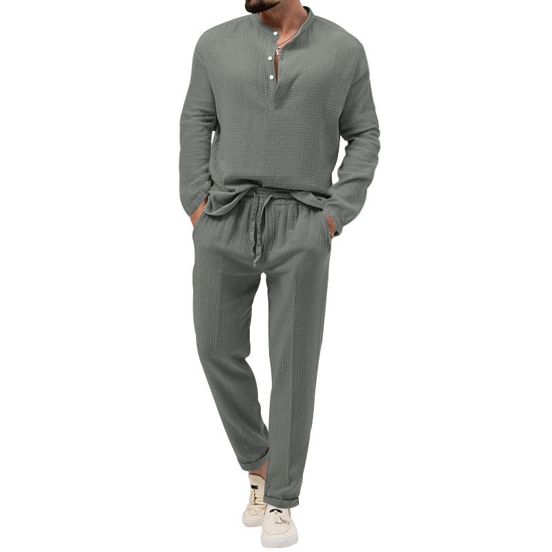 Men's solid color casual T-shirt long sleeve shirt pants suit_voghion.com