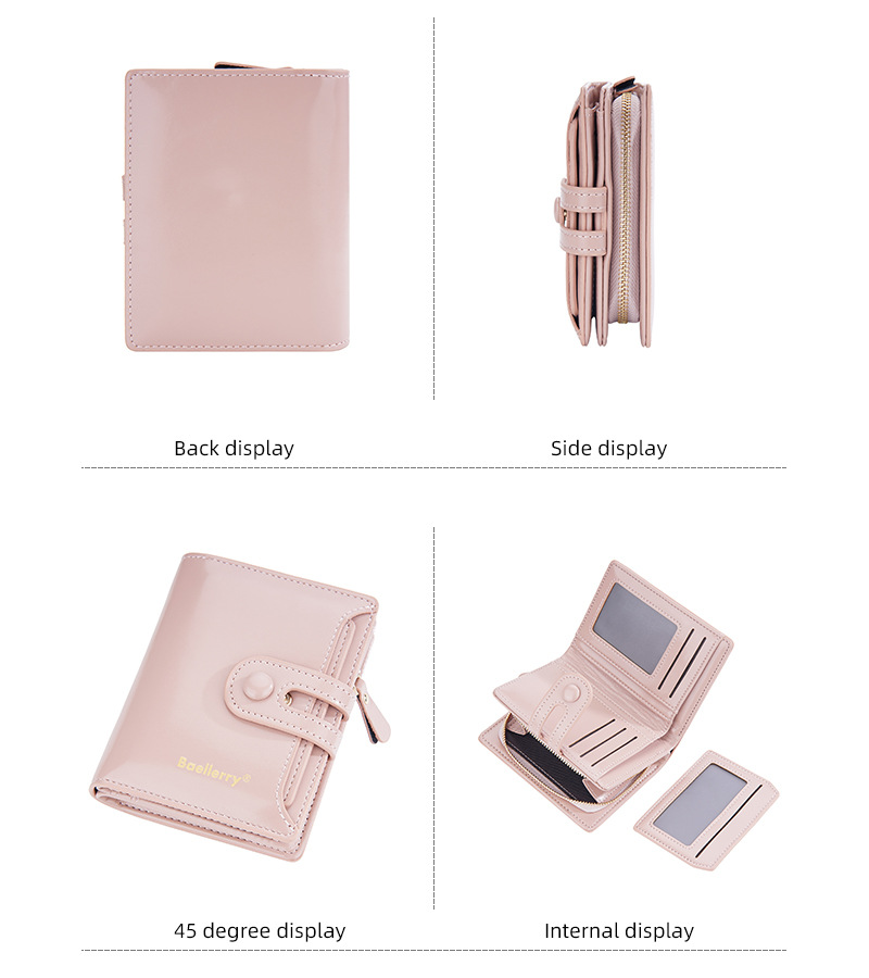 Portafoglio da donna corto Baellerry in pelle cerata lucida doppia fibbia portamonete con cerniera portacarte femminile_voghion.com