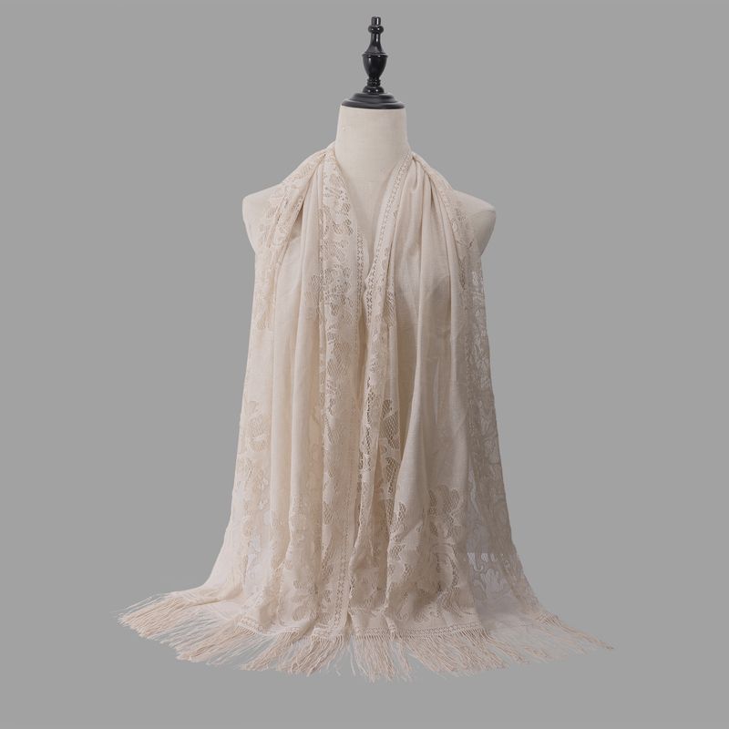 Malaysian Long Scarf Shawl - Solid Color Lace Hijab With Hollow Tassel (Silk Blend, Summer Wear, Women's Fashion)_voghion.com