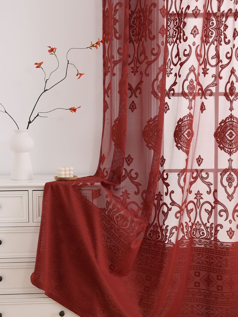 Coin-Pattern Lace Curtains – Semi-Sheer Polyester Window Treatments For Living Room, Bedroom & Kitchen (Red/Beige/White, Multiple Sizes)_voghion.com