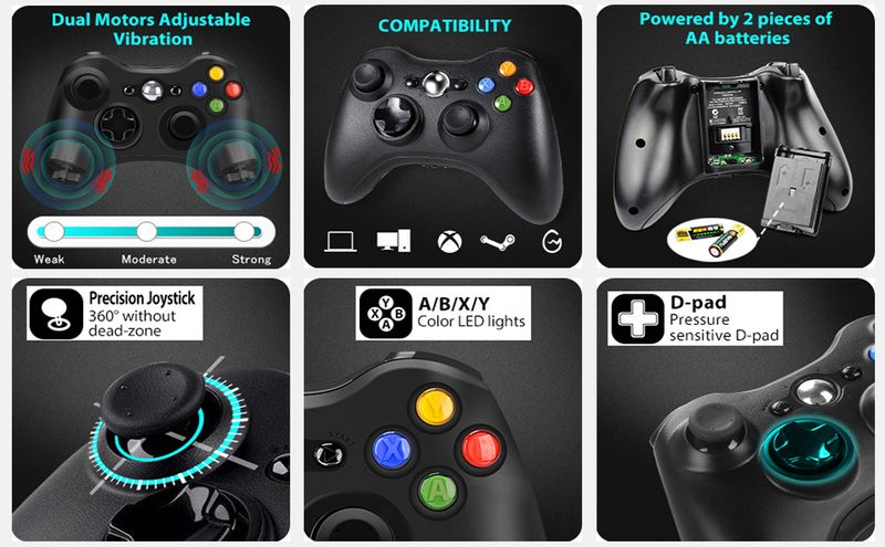 For Xbox 360/Slim/Elite/Winodow Video Game Gamepad Wireless/wired 2.4G Gaming Ctroller PC 6-axis Joystick Dual_voghion.com