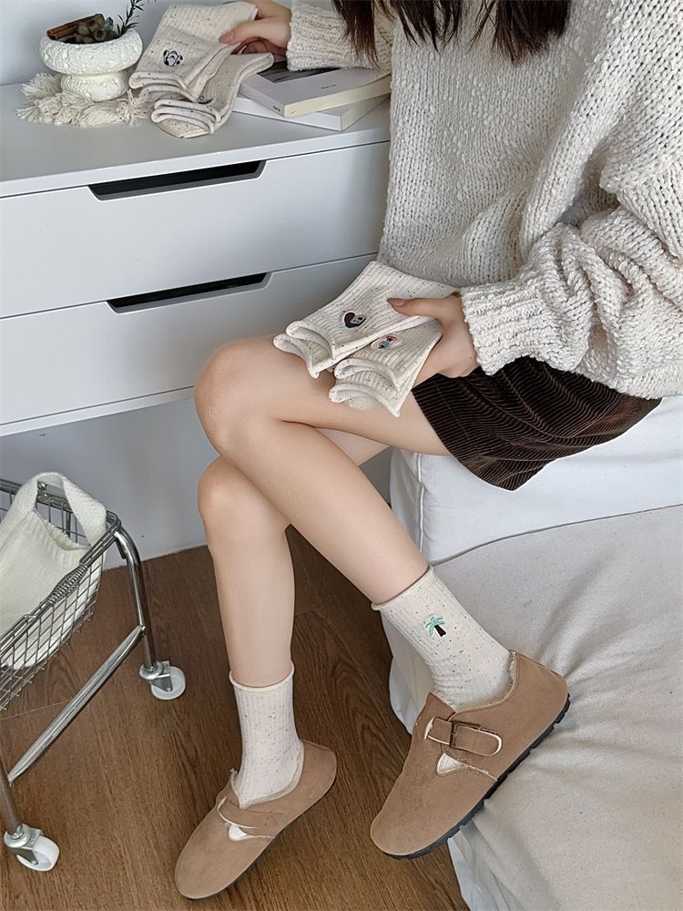 Calzini ricamati con simpatici cuccioli di cartone animato in filato a pois primaverili e autunnali, calzini per bambini di media lunghezza, con bordi arricciati alla moda, calze senza osso_voghion.com