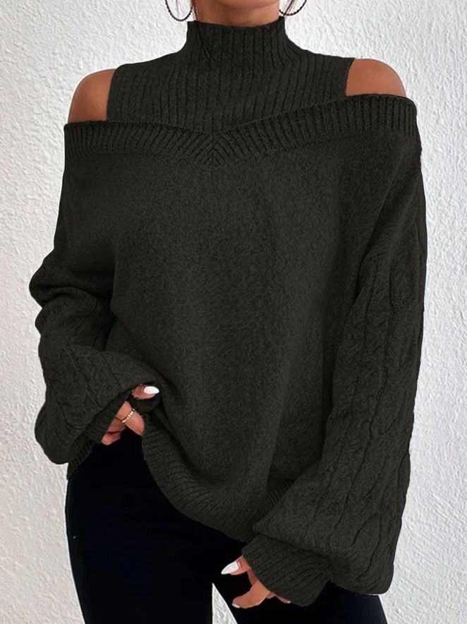 Damenbekleidung schulterfreier Pullover Damenpullover Herbst und Winter neuer lockerer halbhoher Kragen Laternenärmel Strickpullover_voghion.com