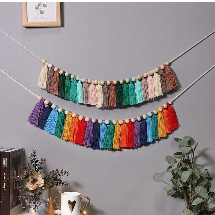 Décoration murale en macramé avec pompon arc-en-ciel en fil de coton, décoration de chambre à coucher, cadeau pour fille, tendance_voghion.com