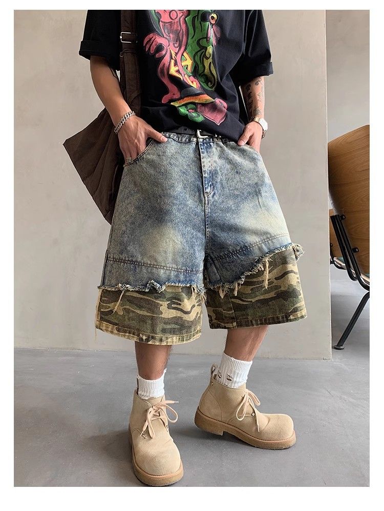 Pantaloncini in denim strappati da uomo, stile retrò, larghi e versatili, da strada_voghion.com