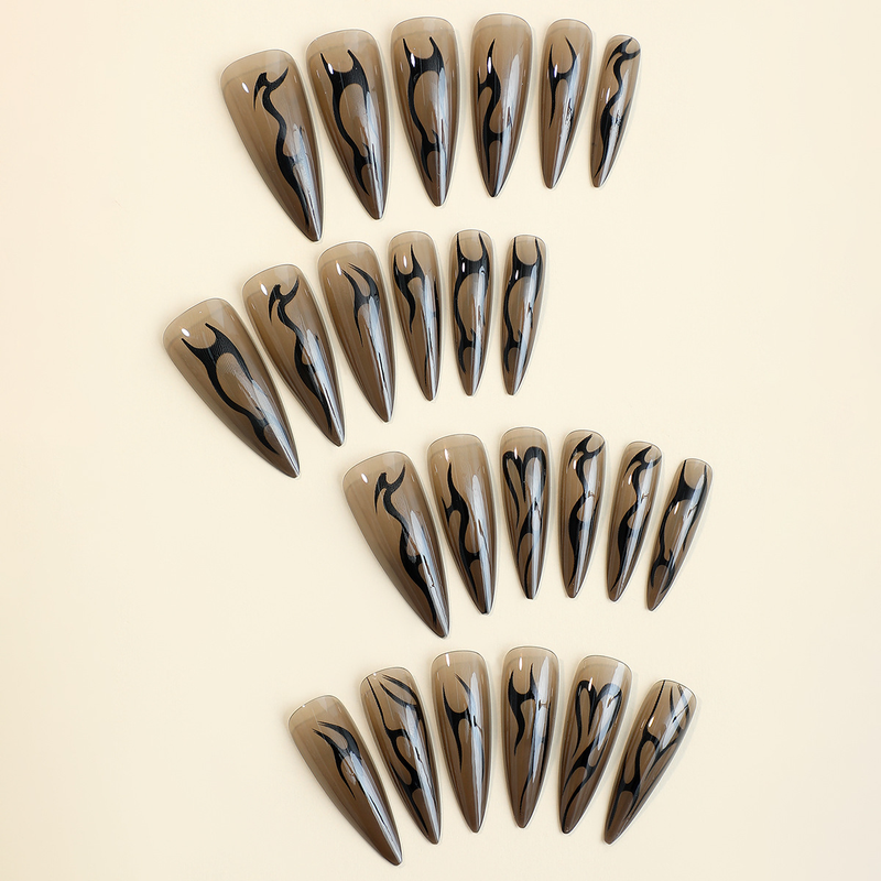 Stiletto 24 pezzi unghie finte lunghe nero francese luna stella design unghie finte stampa a mandorla sulle unghie unghie a copertura completa_voghion.com