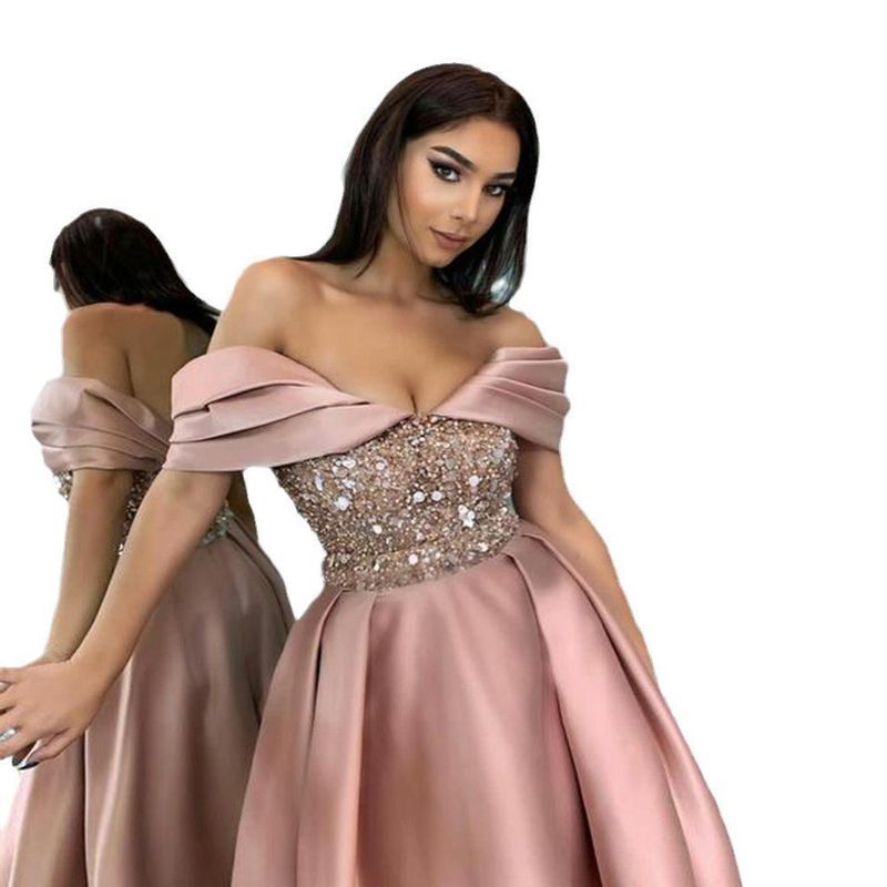 îmbrăcăminte damă primăvară simplă și elegantă rochie rochie de seară pentru banchet, lungă, subțire, cu paiete fără umăr_voghion.com