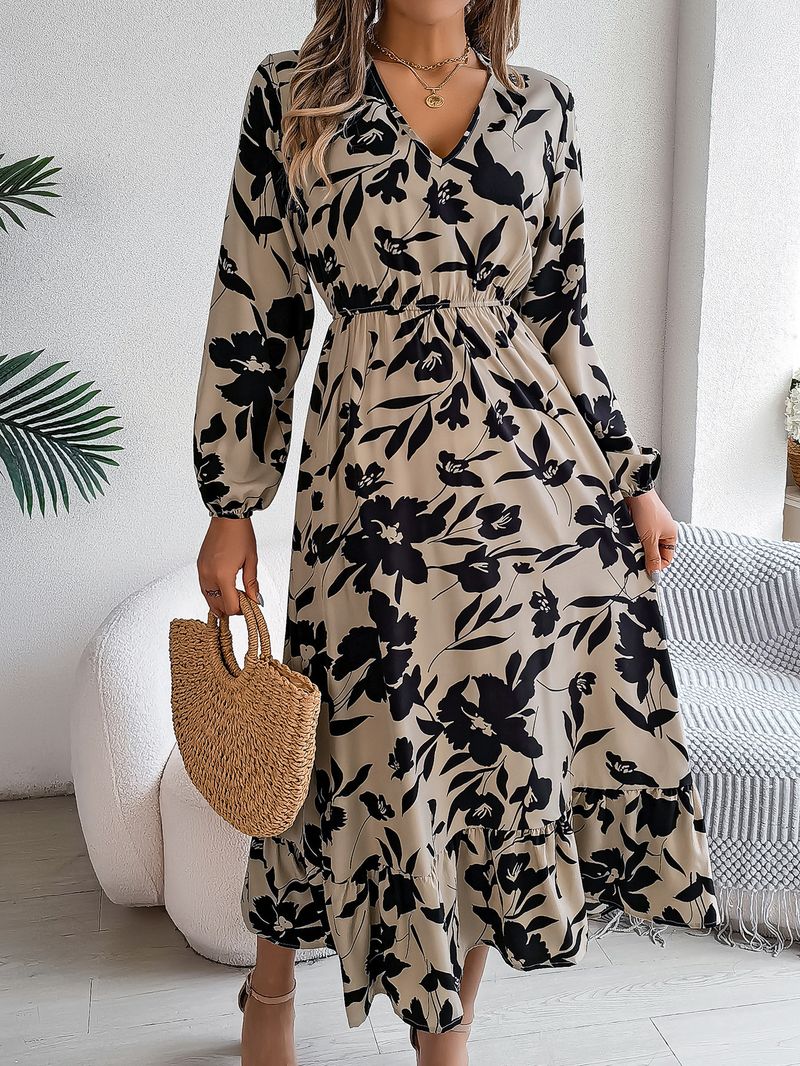 Abito casual a maniche lunghe con volant e fiori in vita, autunno e inverno 2025, abbigliamento da donna_voghion.com