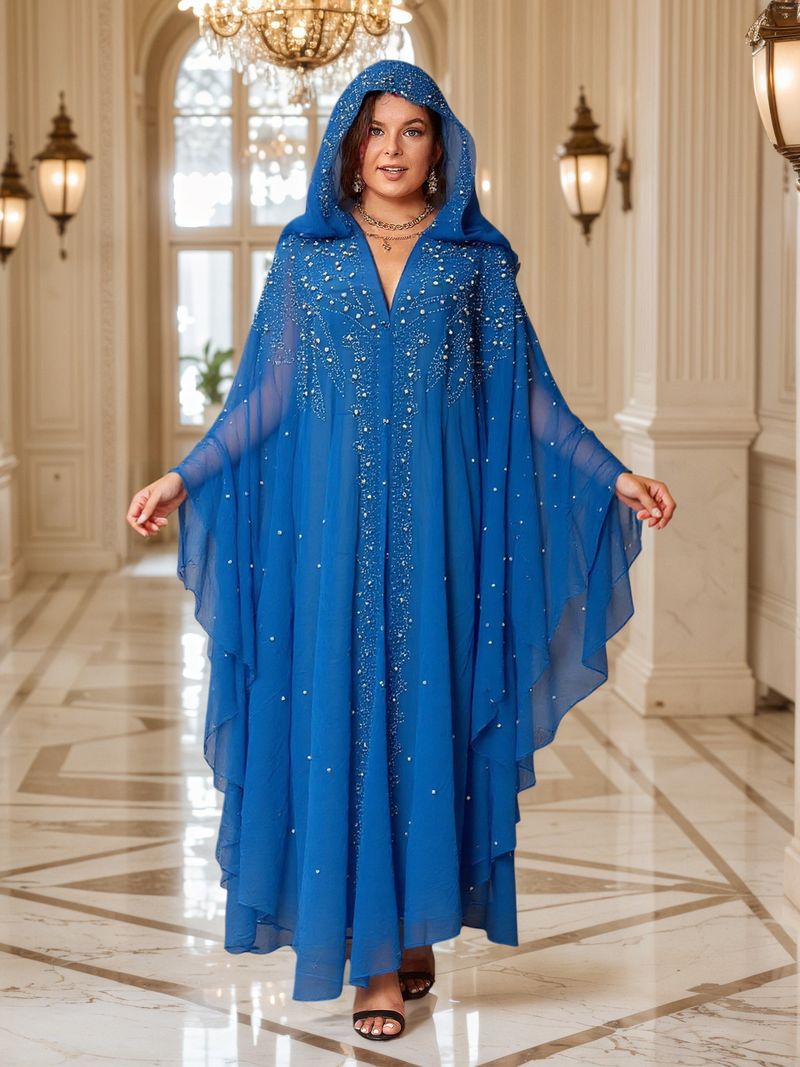Robe cravejado de strass, xale muçulmano, vestido com capa e capuz, manga morcego, mais vendido_voghion.com