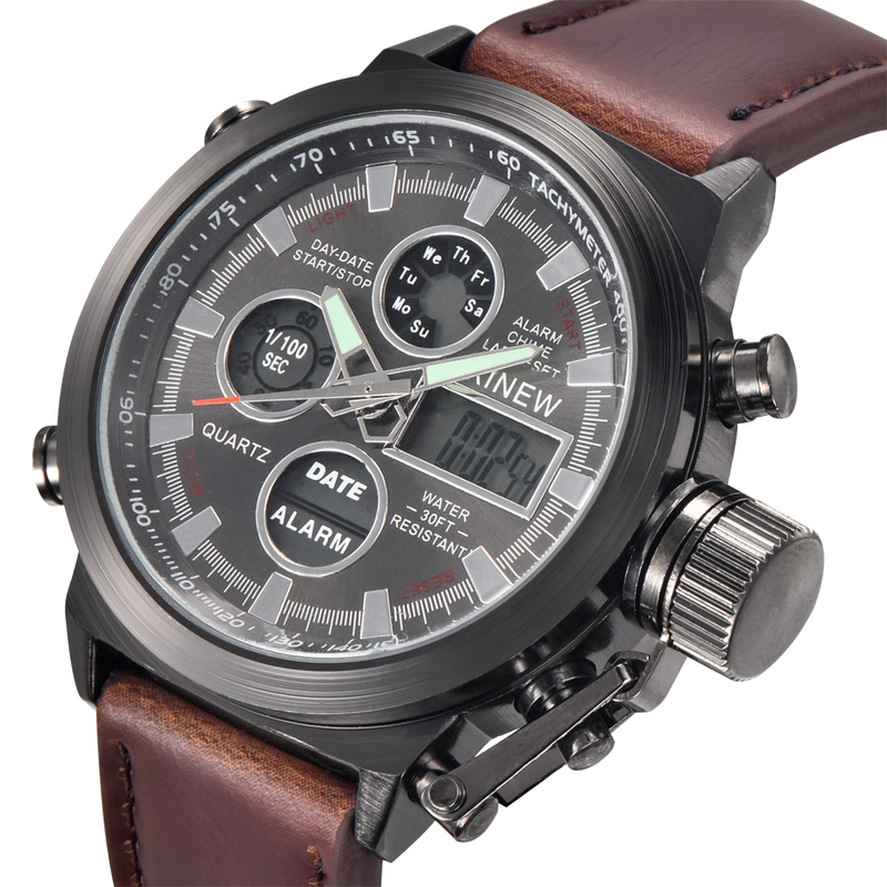 Sportliche digitale Analoguhr für Herren mit LED-Hintergrundbeleuchtung, Alarm, Kalender, GMT-Funktion, rundem 45-mm-Zifferblatt, PU-Armband im Sportstil_voghion.com