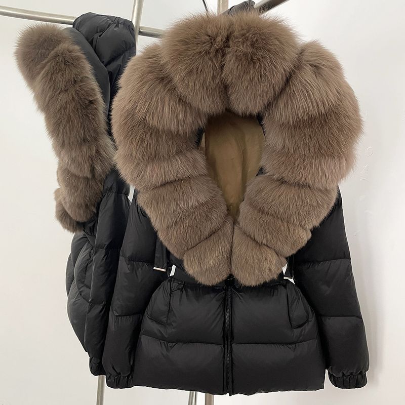 Women's Winter Warm Fashion Hooded White Duck Down Jacket With Detachable Fox Fur Collar - Slim Fit Short Puffer Coat For Elegant Commute_voghion.com