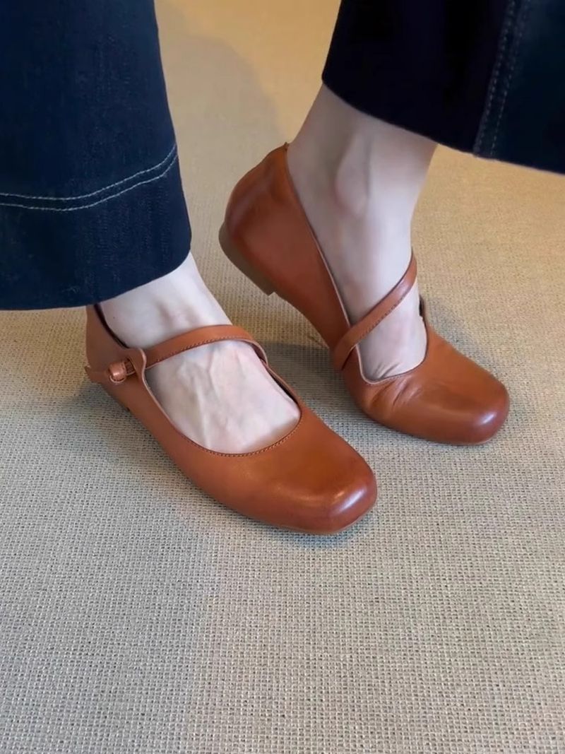 Lancui~ Brown Simple Flat Mary Jane Shoes For Women French Style One Strap Shallow Mouth Versatile Ballet Flats_voghion.com