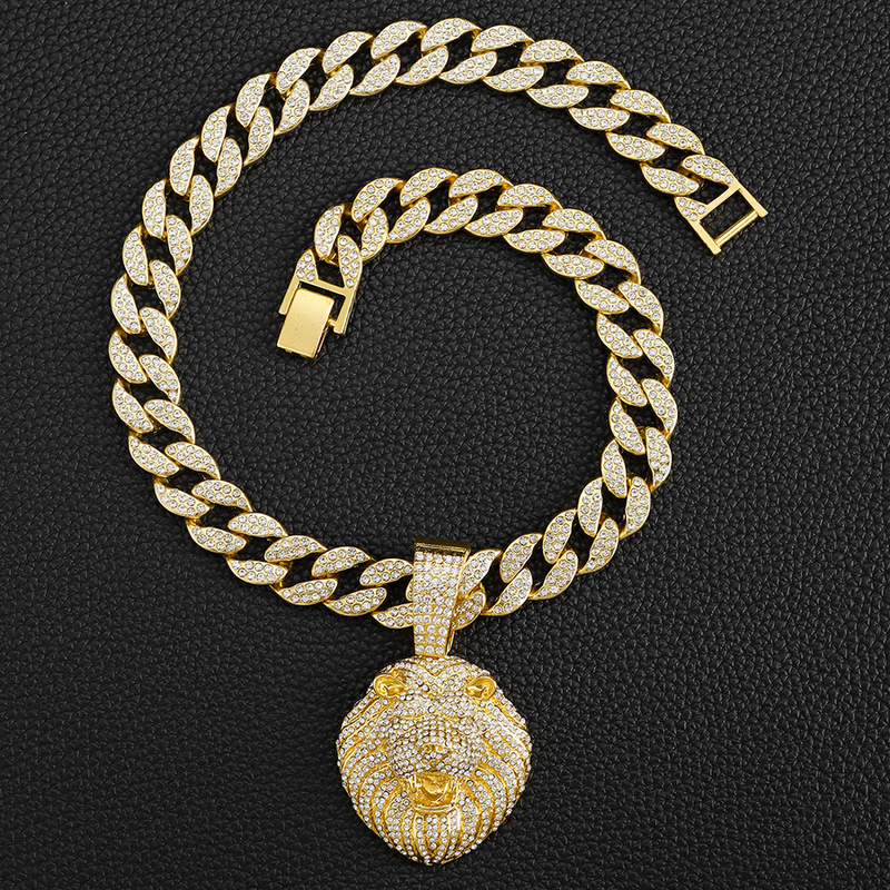 Hip hop street nischdesign full av diamanter, dominerande lejonhänge, personliga kubanska halsbandssmycken_voghion.com