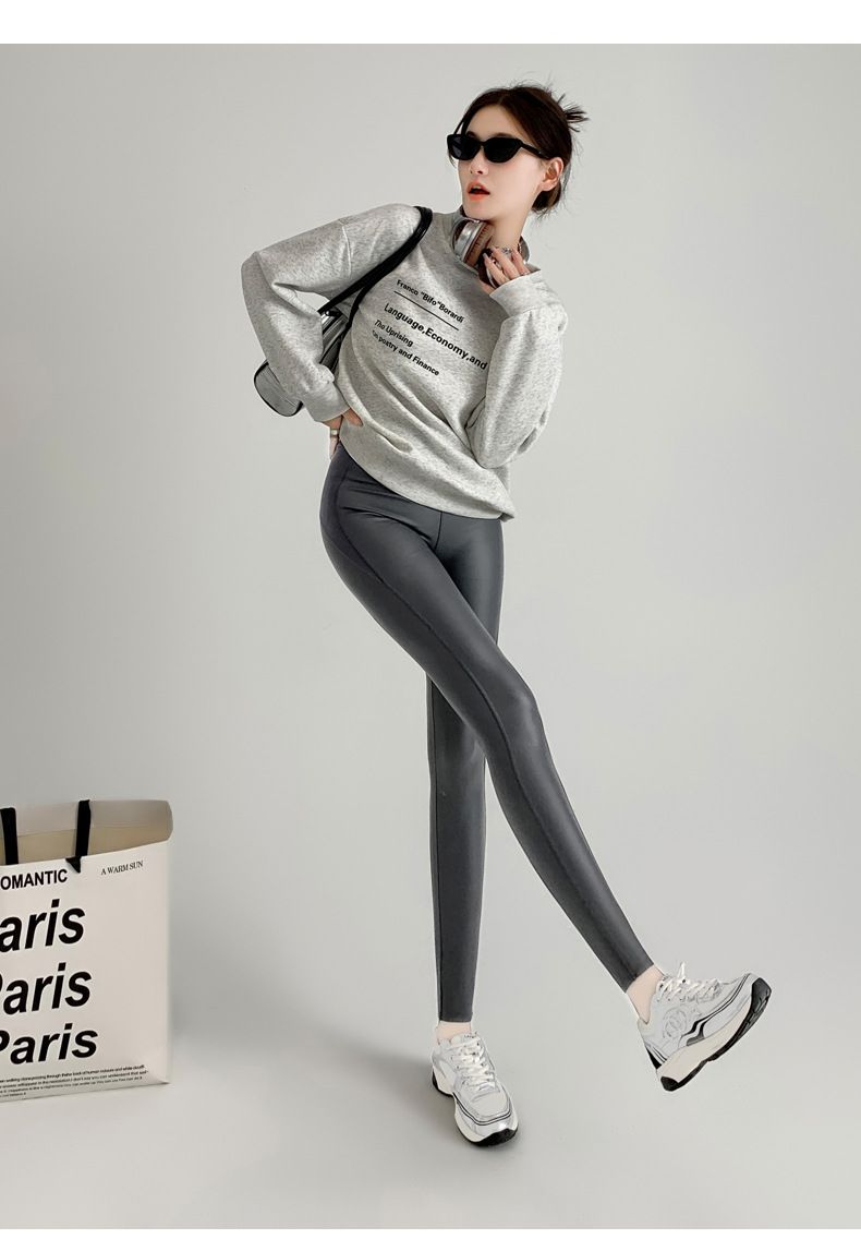 Leggings da yoga aderenti elastici in pelle da donna, foderati in pile, sottili e attillati, dimagranti, autunno inverno_voghion.com