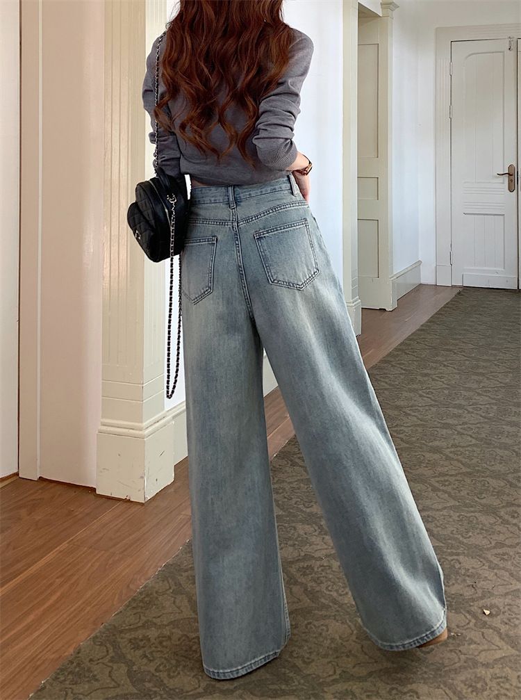 Weite Jeans im Frühlingsstil für Damen, neue hoch taillierte, gerade Beine mit hängendem Griff, bodenlange Hose_voghion.com