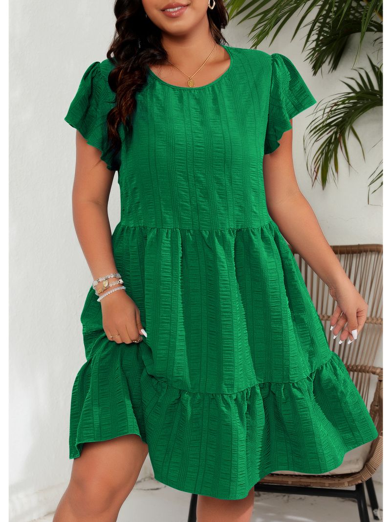 Women's Clothing Large Size Round Neck Lotus Leaf Sleeve Waist Holiday Leisure Temperament Dress_voghion.com