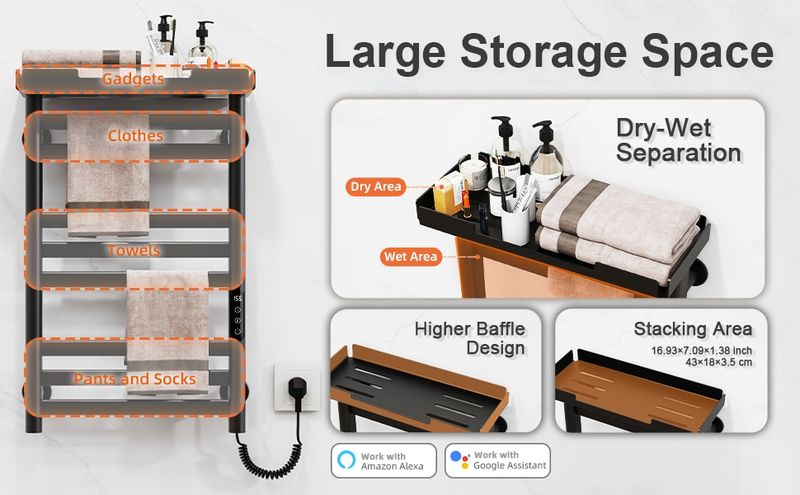 SIOYIE Heated Towel Rack With Shelf And Wi-Fi App Control, 8 Bars Electric Wall Mounted Towel Warmer With Timer & Adjustable Temperature, Low Carbon Steel, Plug-in/Hardwired, Matte Black_voghion.com