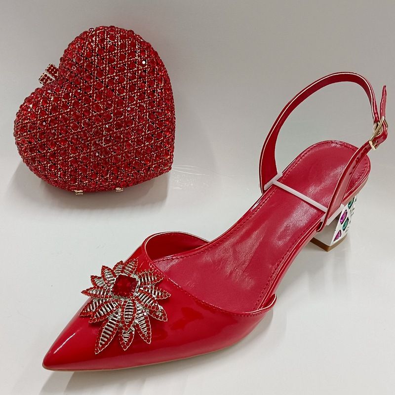Women's High Heeled Sandals With Stilettos And Pointed Toes, Crystal Glass Flower High Heeled Sandals, Red Bridal Party Bag_voghion.com